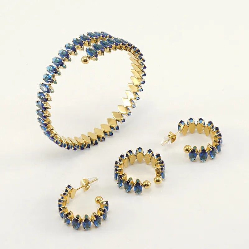 18K Gold-Plated Marquise Zircon Jewelry Set – Bracelet, Ring & Hoop Earrings