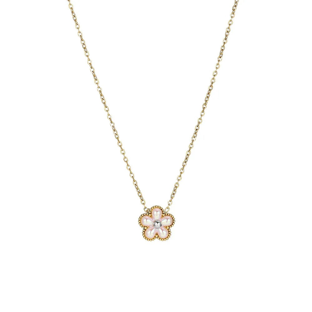 Women’s Gold-Plated Five-Petal Flower Necklace – Shell Inlay Stainless Steel Jewelry