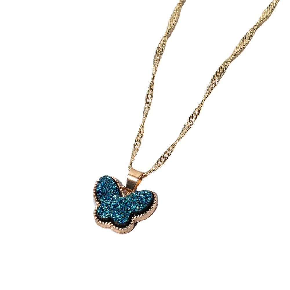 Women’s Minimalist Gold Butterfly Pendant Necklace – Rhinestone & Resin Detail