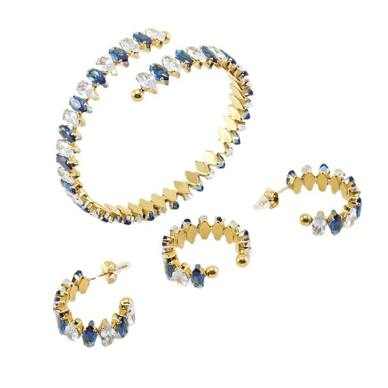 18K Gold-Plated Marquise Zircon Jewelry Set – Bracelet, Ring & Hoop Earrings