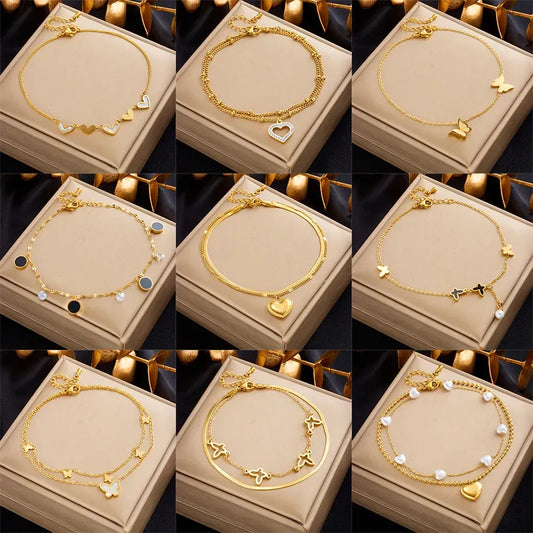 Seraphina Double-Layer Gold-Tone Charm Anklet – Heart, Butterfly, Shell & Pearl Details